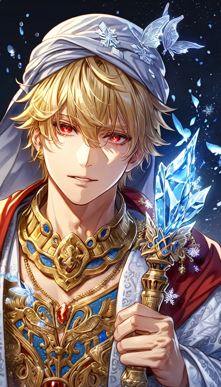 absurdres, highres, ultra detailed, HDR, master piece, best quality, extremely detailed face, delicated features, Gilgamesh, ash-blonde hair, short hair, messy hair, expressive red eyes, The Dragonheart Crystal, solo, sexy man, handsome, mature face, red haori, white kimono, arabian, fantasy, magical, ice, blue fire, ice butterflies, snowflakes, starry night