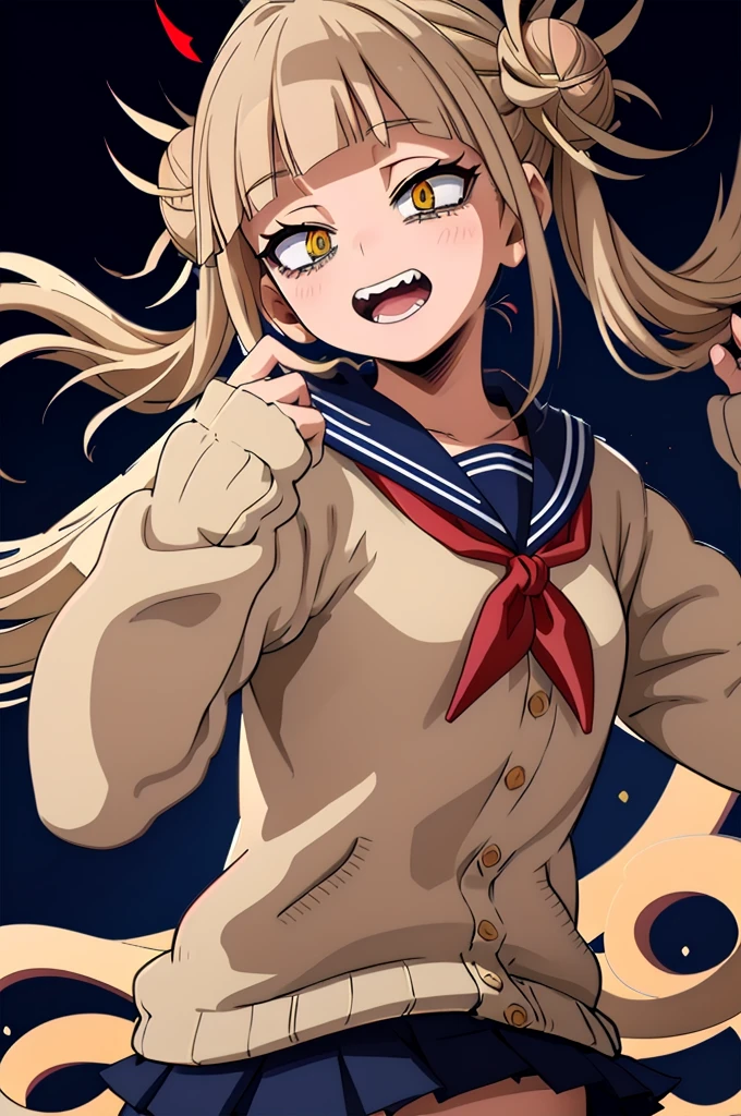 (masterpiece, Highest quality), One girl,  Himiko U1, Double Bang, Side Lock, , Sailor collar, Red neckerchief, elongated pupils, Sharp teeth, Pleated skirt, Seraphim, cardigan,  Long sleeve,  青いSailor collar, Yellow Eyes，Simple Background，No highlights，Losing the AI feel，Navy Blue Skirt