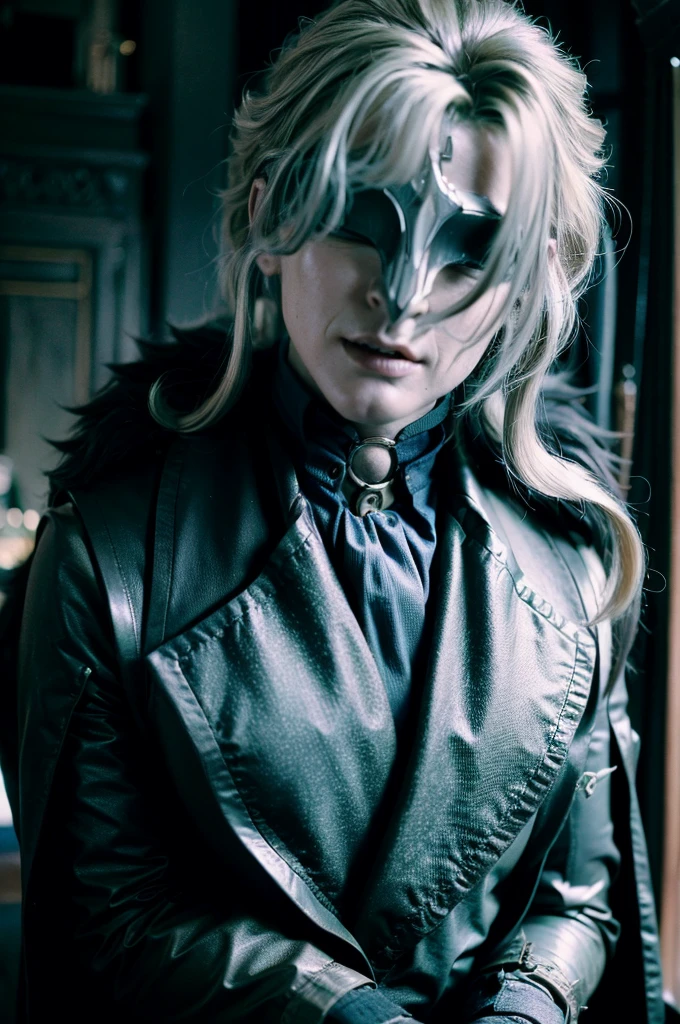 A muscle knight man in realistic portrait of high quality and detail, 2000's movie style, russian, Dottore (Genshin Impact), He has long blue hair and wears a black pointed mask covering his eyes. He is wearing a white coat with silver inserts over a blue shirt and loose black trousers. There are a lot of black belts and blue details on the clothes. Dottore wears black fur, which is attached to the right shoulder pad, resembling a plague doctor mask. dark and mysterious atmosphere, pale skin, glow, 1man, fantasy, Depth & Perspective, Mystical powers, black armor, fine face, he standing on a hill, outside, the royal palace of the 15th century on the background, blue sky, white cloud, looking at viewer, (ultra-high detail:1.2), Masterpiece, Best Quality, Ultra-detailed, Cinematic lighting, 8K, delicate features, cinematic, 35 mm lens, f/1.9, highlight lighting, global lighting –uplight –v 4, cinematic, intense gaze, Cinematic lighting, 8K, high quality, Highest Quality, (Solo Focus), (extremly intricate:1.3), (Realistic), dramatic, masterful, Analog style, (Film grain:1.5), (warm hue, cold tone), a close up of a person surrounded, destruction behind back