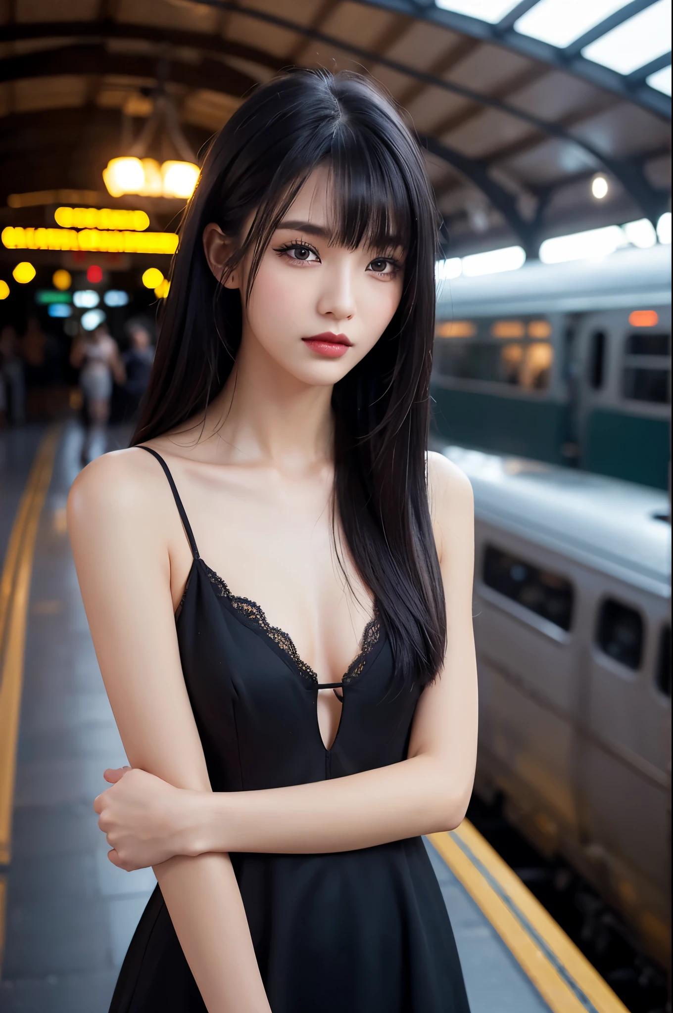 a girl,Cute and beautiful face,Long straight black hair,Long bangs cover the eyes,Long eyelashes,(beautiful eyes),Small Eyes,(Dark lipstick),(Dark eyeshadow),slim,Slender limbs,Black spaghetti strap dress,Inside the old train station,clean focus,Shallow depth of field,Super detailed faces,Very beautiful face,Extremely high texture skin,Looking,Beautiful legs,Tempting,female pose,(actual ,actual-photo,original photo,8K original),Art Photography,Ultra high quality,elegant work of art,retina,