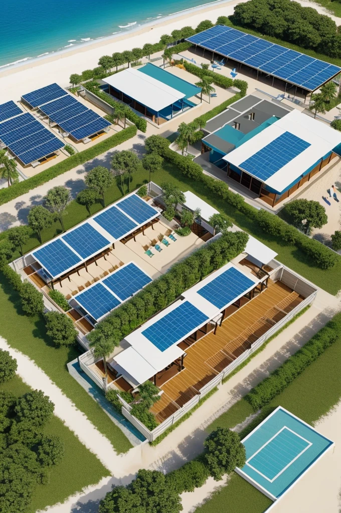 Roof plan of a modular sustainable beach club, with parking, cashier area, A bar, 2 small restaurants, common social area with tables for restaurants, 4 beach tennis courts in the sand, vegetation, solar panels on the roof and a water harvesting system