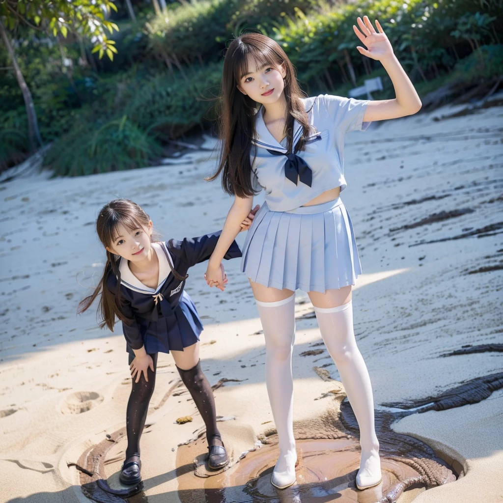 -yeld As girl wearing a sailor uniform with a short skirt, short white socks and black shoes on a path near the beach holding hands with her younger sister in the same and showing the face of an older man with hood watching