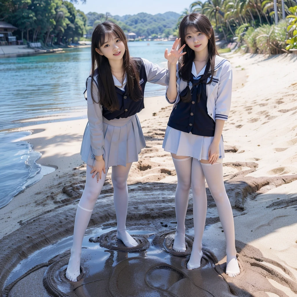 (((young slender beautiful Japanese girls on mud beach))), natural front lighting, ultra sharp focus,braided black twin-tail hair, (((light pale white skin color))),blue large eyes with long eyelashes and double eyelids, dynamic angle,red lip,smile, 5girls ((waving arms)), ((huge breasts)), (full body shot:2), (((wearing Japanese high school uniform))),(((wearing black pantyhose))), (beautiful face:2),(((beautiful))), 8k details