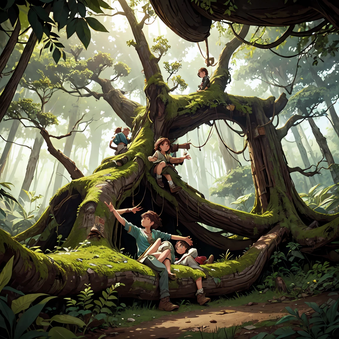 In a dense part of the forest, Bia and Leo come across a large, ancient tree with thick, gnarled roots. A mysterious, old map is stuck to the tree's trunk with a rusted nail. Bia reaches up to take the map while Leo watches, intrigued.