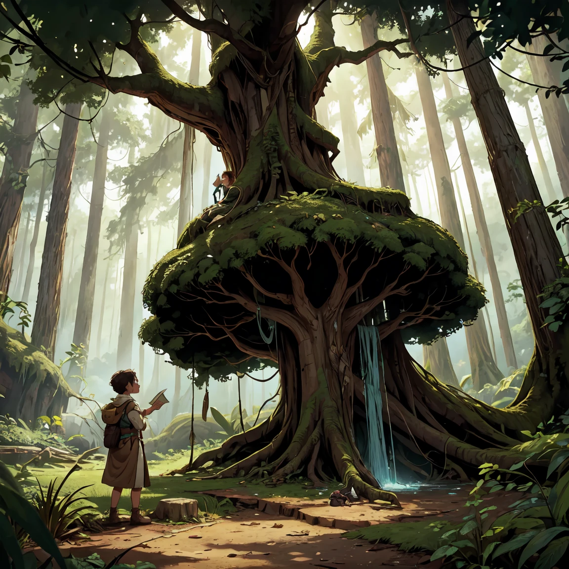 In a dense part of the forest, Bia and Leo come across a large, ancient tree with thick, gnarled roots. A mysterious, old map is stuck to the tree's trunk with a rusted nail. Bia reaches up to take the map while Leo watches, intrigued.