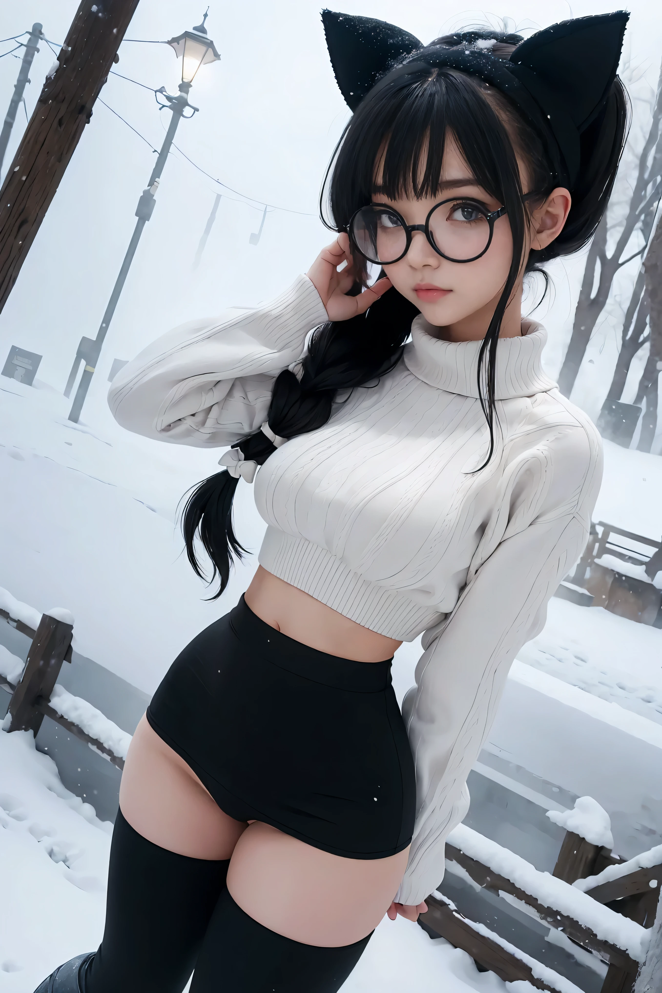 (Best Quality,High resolution:1.2), Ultra-detailed, Realistic portrait, hot Russian girl, pretty face, perfect long legs, full body, tiny waist. large breasts, standing, tight white cropped jumper, black high waist leggings, pink and white snow boots, in the snow, large blue eyes, long black hair tied up with a ribbon, pigtails, tight high waist mini skirt, woolen socks, hair bangs, snowing, foggy, (large round black rimmed glasses), cat ears, (large bow at the back of head, midriff)