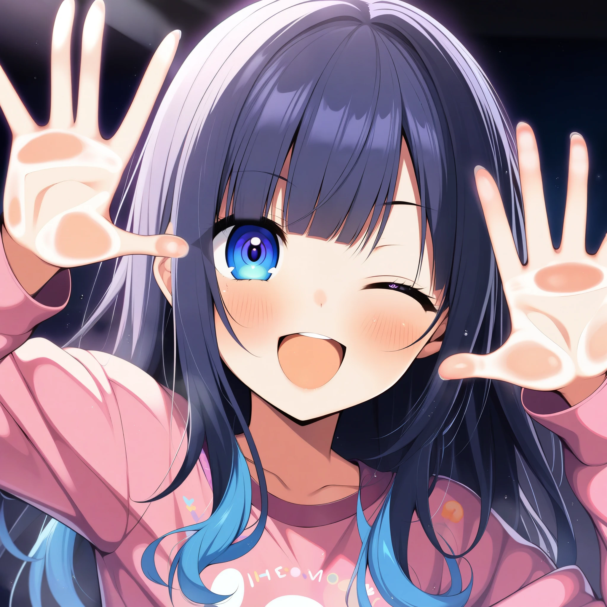 1girl, horosuke, absurdres, official art, absurdres, vspo!, tsumugi kokage, ;d, against fourth wall, against glass, blue eyes, blue hair, blunt bangs, cheek press, glass writing, long sleeves, looking at viewer, one eye closed, smile, solo, upper body, virtual youtuber, ((very aesthetic, best quality, ultra detailed)), rating:safe,
