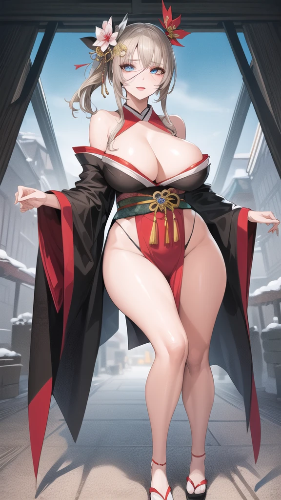 best quality,masterpiece, high res,original, beautiful detailed eyes,ultra-detailed, perfect anatomy,
1girl, solo, full body,
japanese clothes, kimono, white and black kimono,
large breasts, wide hip, mature female,
glamorous body, slender body,
perfect lighting,Colorful, Bright_Front_face_Lighting, shiny skin, 
 (beautiful_face:1.5),  