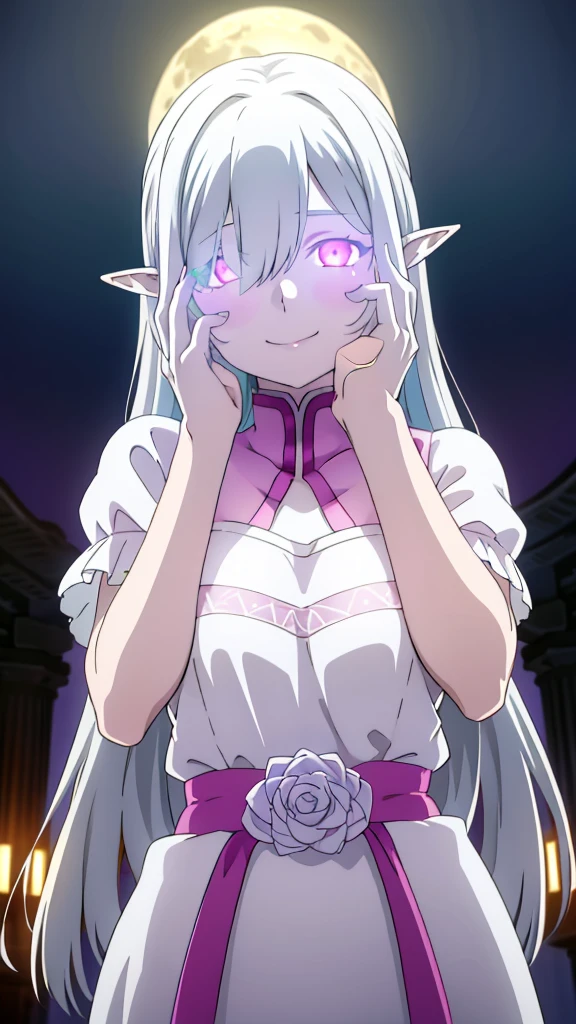 dreamy, colorful, whimsical, magical, masterpiece, best quality, sharp focus, intricately detailed environment, fine detail, 8k resolution, glowing lights,(1girl,20s,mature female),solo,white hair,long hair,(((white skin,colored skin))),elf ears,(((hair over one eye)))(night,moon),((wrapped_chest)),upper body,pink glowing eyes,(smile,yandere,yandere trance),hands on own face,hands on own cheeks