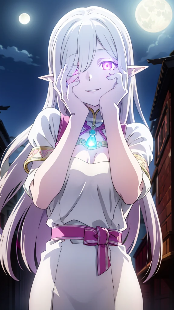 dreamy, colorful, whimsical, magical, masterpiece, best quality, sharp focus, intricately detailed environment, fine detail, 8k resolution, glowing lights,(1girl,20s,mature female),solo,white hair,long hair,(((white skin,colored skin))),elf ears,(((hair over one eye)))(night,moon),((wrapped_chest)),upper body,pink glowing eyes,(smile,yandere,yandere trance),hands on own face,hands on own cheeks