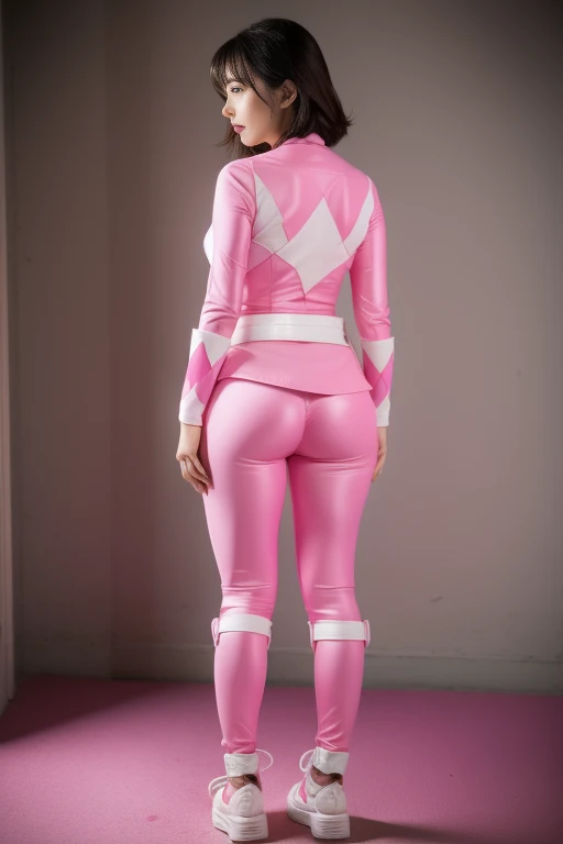 pink theme，pink ranger suit、voluptuous,  rear view,  full body,  tied on Saint Andrew's bondage platform in X position,