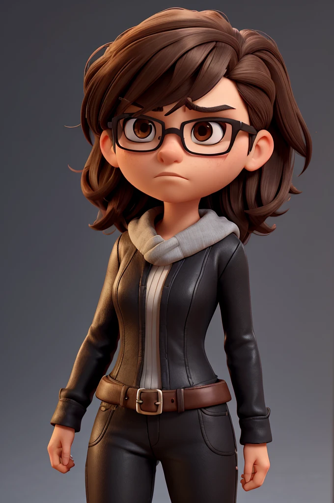 Create a 3D character model of a woman embodying intense anger. She has medium-length brown hair and piercing brown eyes. Her attire consists of sleek black clothing, accentuated by a pair of square-shaped glasses that add a touch of intellectual intensity to her furious expression. The character's posture should convey a sense of readiness for action, with clenched fists and a furrowed brow suggesting both determination and simmering rage. This character is poised for a pivotal moment in a narrative where her anger drives the plot forward, revealing layers of her personality and motivations through her dynamic 3D portrayal.