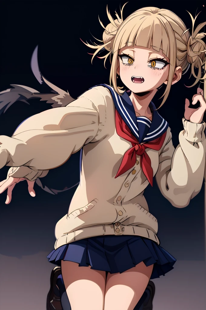 (masterpiece, Highest quality), One girl,  Himiko U1, Double Bang, Side Lock, , Sailor collar, Red neckerchief, elongated pupils, Sharp teeth, Pleated skirt, Seraphim, cardigan,  Long sleeve,  青いSailor collar, Yellow Eyes，Simple Background，No highlights，Losing the AI feel，Navy Blue Skirt、I drew it a little poorly.