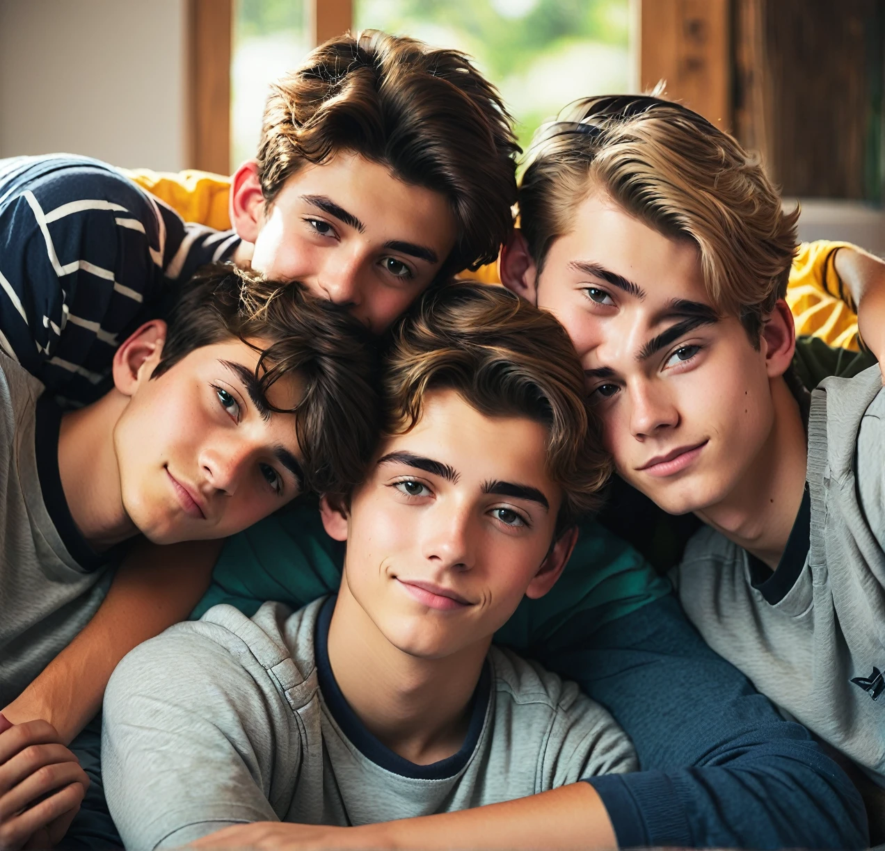 3 different cute male teenagers cuddling together