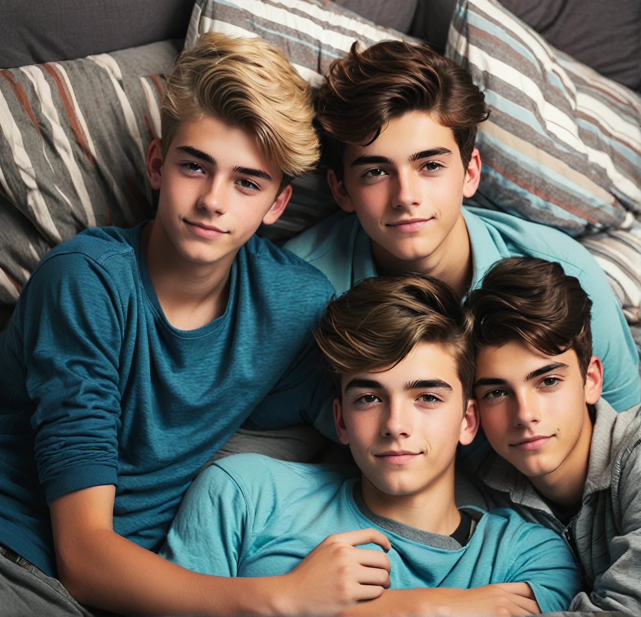 3 different cute male teenagers cuddling together