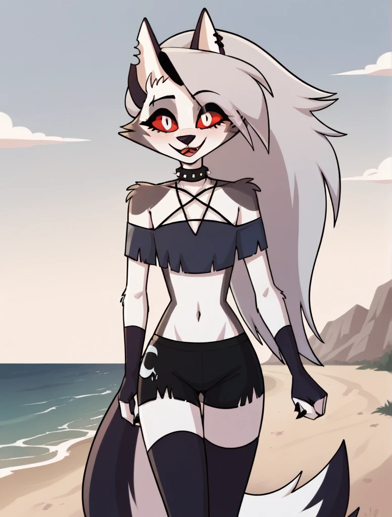 score_9, score_8_up, BREAK, source_anime, uncensored, perfect body, slim, thigh highs, fingerless gloves,
anthro, furry, pose, sexy,
Loona \(Helluva Boss\), NSFW, red swimsuit, bikini, head back, anthro male maned wolf with long spiked white hair and black face, black boxers, blushing, high detail, walking on beach, holding hands, smiling, open eyes