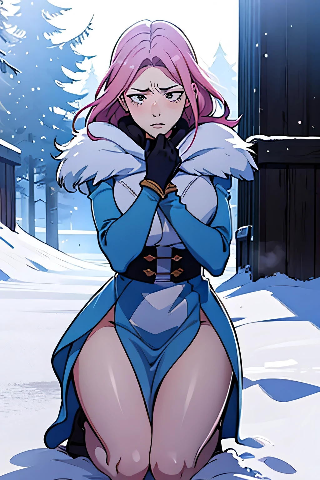 (lower body covered in snow0.8), very scared sexy seducing woman with big , half body buried under snow, showing chevage, begging for help, kneeling down, half body covered in snow, shivering, panic, pink hair, frozen atmosphere, intense emotions, snow-covered landscape, dramatic lighting, solo leveling art style, manhwa art style, manga