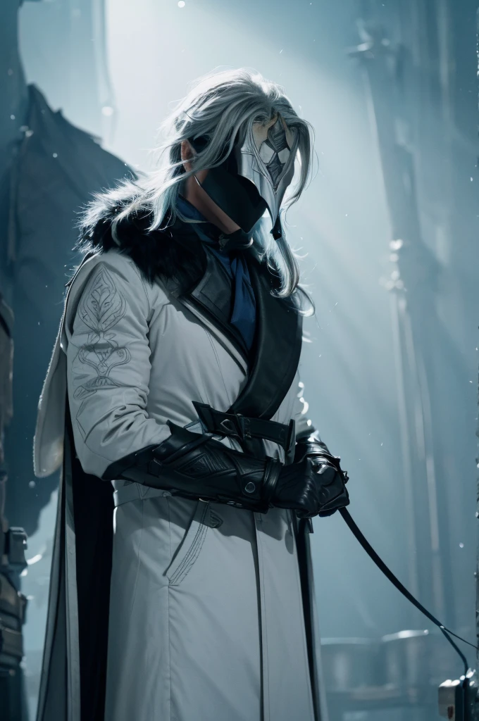 In realistic painting portrait of high quality and detail, Dottore (Genshin Impact), (best quality,4k,highres:1.2), ultra-detailed, (realistic,photorealistic:1.37), 1man, full body, 30-year-old man, sharp features, detailed face, angry smiling expression, He has long blue hair and wears a black pointed mask covering his eyes. He is wearing a white coat with silver inserts over a blue shirt and loose black trousers. There are a lot of black belts and blue details on the clothes. Dottore wears black fur, which is attached to the right shoulder pad, resembling a plague doctor mask, dark and moody lighting, portrait, contrasting colors, subtle shadows, mysterious atmosphere, outdoors, snow, Red Square on the background, He's stands on the 19th century Red Square, (ultra-high detail:1.2), Masterpiece, Best Quality, Ultra-detailed, Cinematic lighting, 8K, delicate features, cinematic, 35 mm lens, f/1.9, highlight lighting, global lighting –uplight –v 4, Cinematic lighting, 8K, high quality, Highest Quality, (Solo Focus), (extremly intricate:1.3), (Realistic), masterful, Analog style, (Film grain:1.5), (warm hue, cold tone), Mystical powers, fantasy, Depth & Perspective, movie style, dark and mysterious atmosphere,