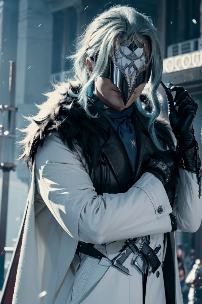 In realistic painting portrait of high quality and detail, Dottore (Genshin Impact), (best quality,4k,highres:1.2), ultra-detailed, (realistic,photorealistic:1.37), 1man, full body, 30-year-old man, sharp features, detailed face, angry smiling expression, He has long blue hair and wears a black pointed mask covering his eyes. He is wearing a white coat with silver inserts over a blue shirt and loose black trousers. There are a lot of black belts and blue details on the clothes. Dottore wears black fur, which is attached to the right shoulder pad, resembling a plague doctor mask, dark and moody lighting, portrait, contrasting colors, subtle shadows, mysterious atmosphere, outdoors, snow, Red Square on the background, He's stands on the 19th century Red Square, (ultra-high detail:1.2), Masterpiece, Best Quality, Ultra-detailed, Cinematic lighting, 8K, delicate features, cinematic, 35 mm lens, f/1.9, highlight lighting, global lighting –uplight –v 4, Cinematic lighting, 8K, high quality, Highest Quality, (Solo Focus), (extremly intricate:1.3), (Realistic), masterful, Analog style, (Film grain:1.5), (warm hue, cold tone), Mystical powers, fantasy, Depth & Perspective, movie style, dark and mysterious atmosphere, 