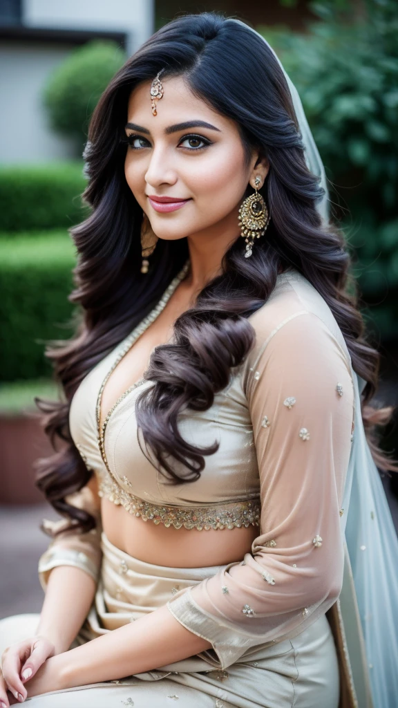 Portrait of A confident-looking indian woman with long flowing hair, hazel eyes, sitting in lake, waterfall background, bokeh, perfect composition, hyperrealistic, super detailed, 8k, high quality, trending art, trending on artstation, sharp focus, intricate details, highly detailed, art by greg rutkowski,hyper realistic, in a casual outfit,facing the camera,smiling,full face