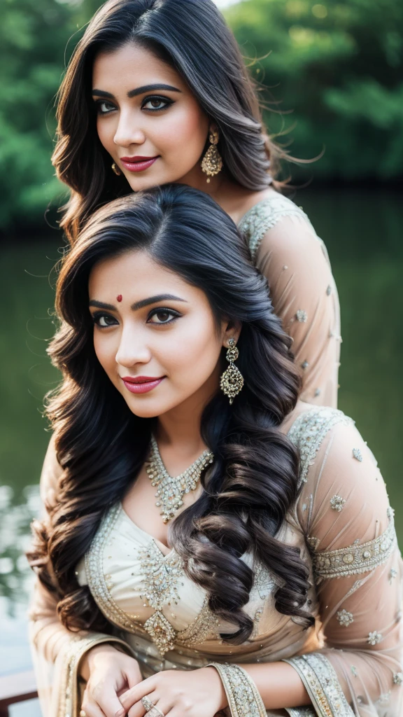 Portrait of A confident-looking indian woman with long flowing hair, hazel eyes, sitting in lake, waterfall background, bokeh, perfect composition, hyperrealistic, super detailed, 8k, high quality, trending art, trending on artstation, sharp focus, intricate details, highly detailed, art by greg rutkowski,hyper realistic, in a casual outfit,facing the camera,smiling,full face