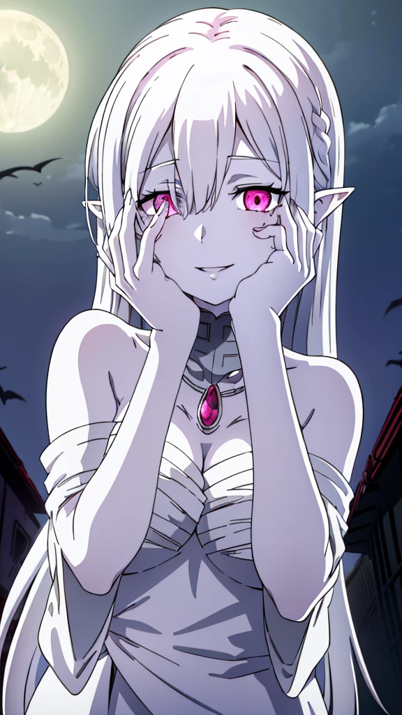 (1girl,20s,mature female),solo,white hair,long hair,(((white skin,colored skin))),elf ears,(((hair over one eye)))(night,moon),((wrapped_chest)),upper body,pink glowing eyes,(smile,yandere,yandere trance),hands on own face,hands on own cheeks