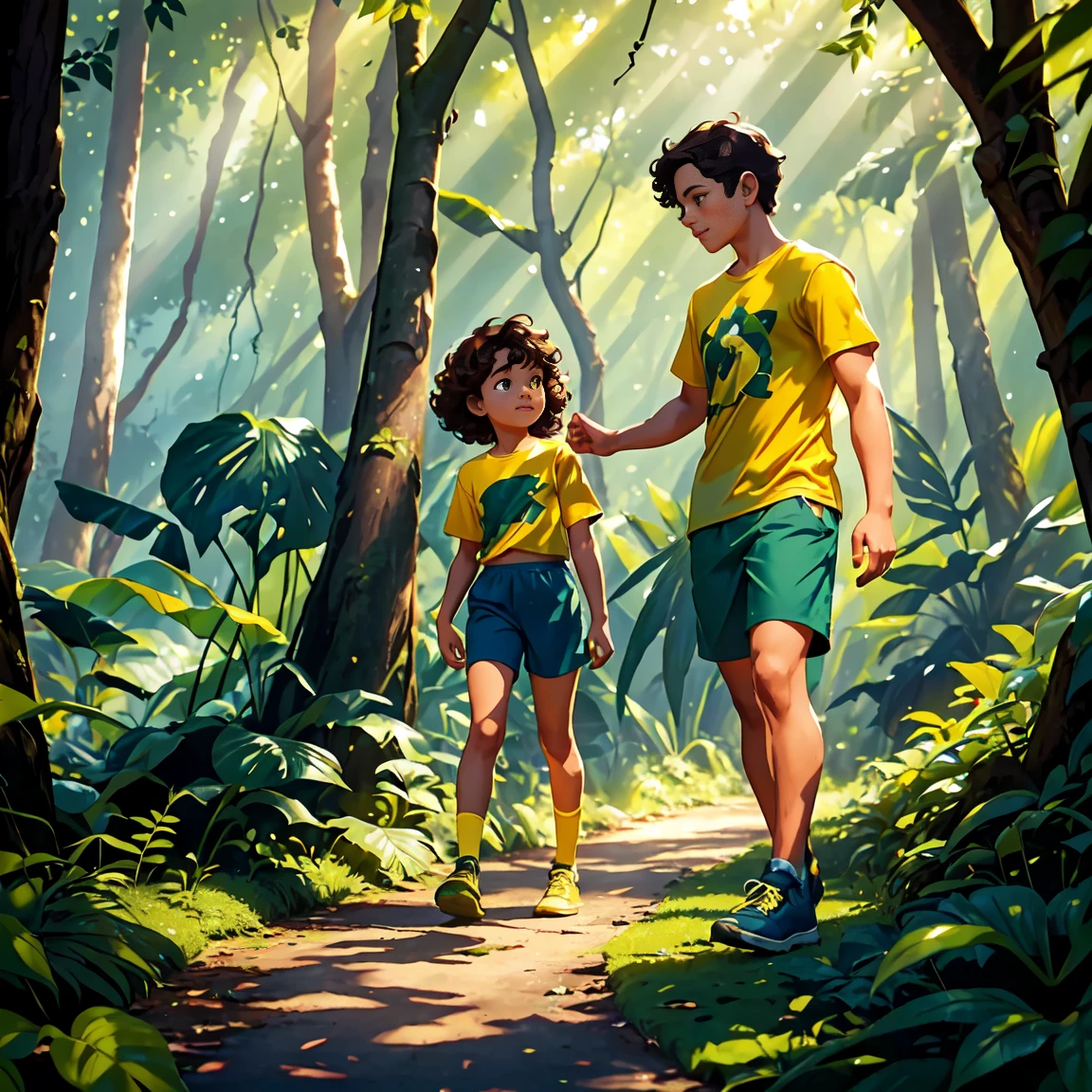A lush, green forest with tall trees and sunlight streaming through the leaves, casting dappled shadows on the ground. Two children, Bia (a girl with short brown hair, wearing a yellow t-shirt and blue shorts) and Leo (a boy with curly black hair, wearing a red t-shirt and green shorts), are happily exploring the forest together.