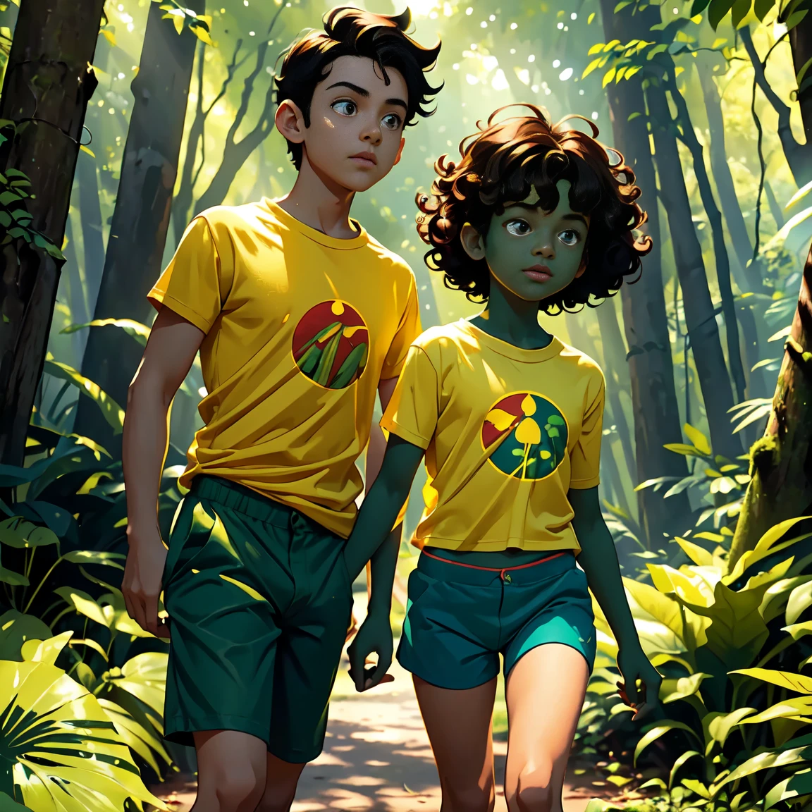 A lush, green forest with tall trees and sunlight streaming through the leaves, casting dappled shadows on the ground. Two children, Bia (a girl with short brown hair, wearing a yellow t-shirt and blue shorts) and Leo (a boy with curly black hair, wearing a red t-shirt and green shorts), are happily exploring the forest together.