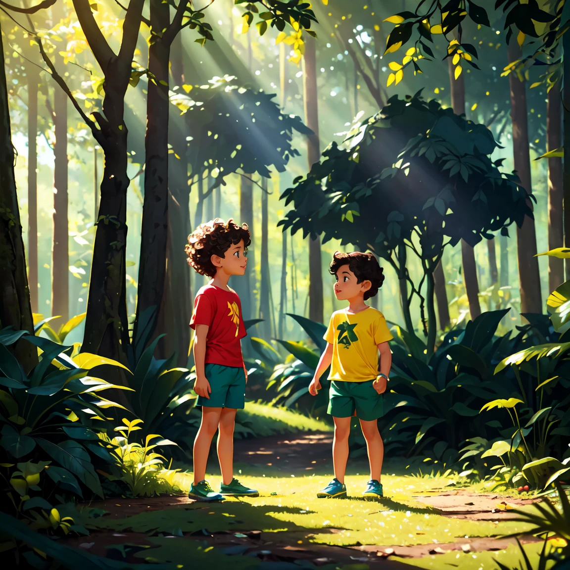 A lush, green forest with tall trees and sunlight streaming through the leaves, casting dappled shadows on the ground. Two children, Bia (a girl with short brown hair, wearing a yellow t-shirt and blue shorts) and Leo (a boy with curly black hair, wearing a red t-shirt and green shorts), are happily exploring the forest together.