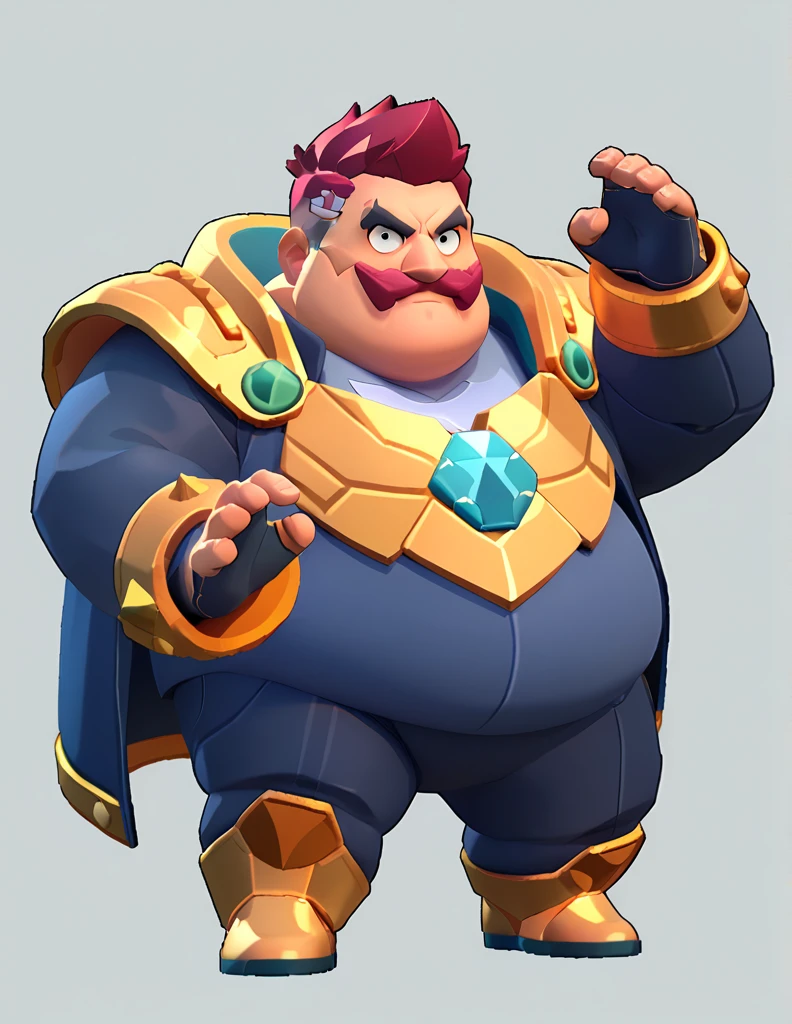 an obese businessman, in a blue suit, blue cyberpunk hairstyle and mustache, in gold armor encrusted with diamonds, in victory pose