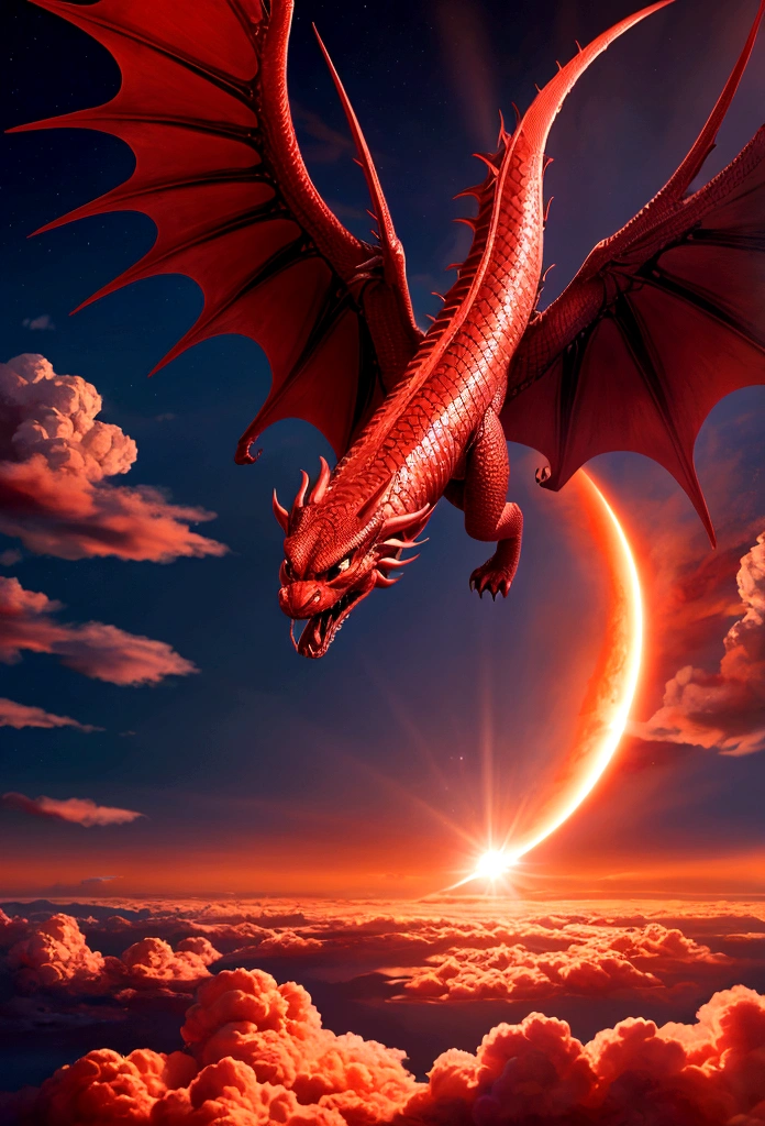 Infinite long dragon with tail, vibrant red color, intimidating, angry look, sophisticated, magco, beautiful, flying among the clouds, beautiful sky, sun