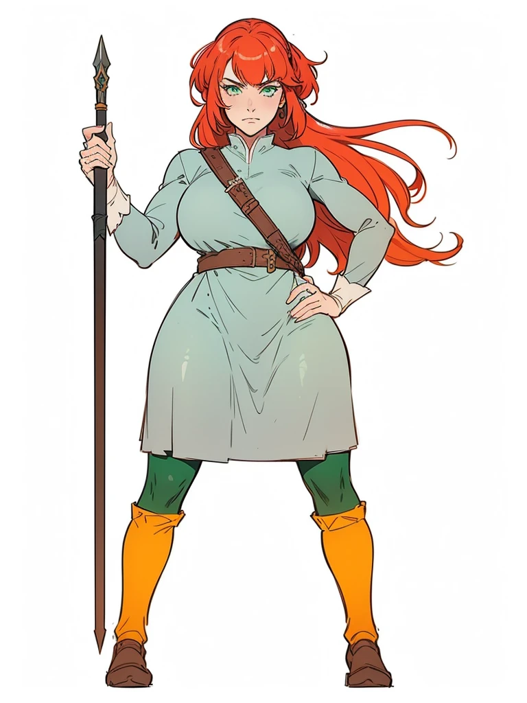 Portrait, Redhaired female knight, ponytail hairstyle, green eyes, wearing a grey dress, 6th century welsh clothing, holding a spear, fantasy RPG, detailed dress, intricate details, digital painting, artstation, concept art, smooth, sharp focus, illustration, by Greg Rutkowski, Atey Ghailan, Jeremy Mann, Antonio Moro, trending on ArtStation, mucha, artgerm, wlop, trending on CGSociety, volumetric lighting, dramatic lighting.