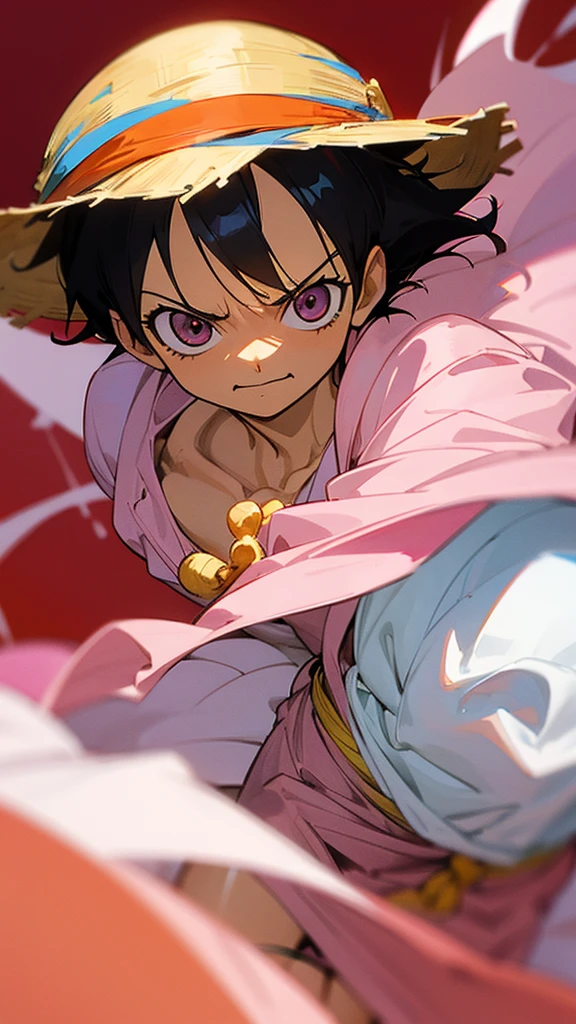 Luffy in pink and white cap and gown 