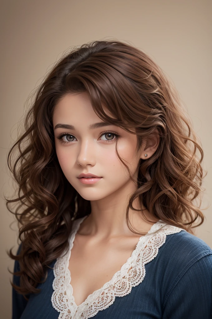 realistic drawing of a curly woman with brown hair, 14 years old