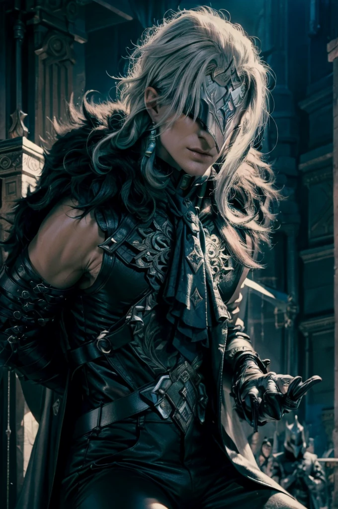 A muscle knight man in realistic portrait of high quality and detail, 2000's movie style, russian, Dottore (Genshin Impact), He has long blue hair and wears a black pointed mask covering his eyes. He is wearing a white coat with silver inserts over a blue shirt and loose black trousers. There are a lot of black belts and blue details on the clothes. Dottore wears black fur, which is attached to the right shoulder pad, resembling a plague doctor mask. dark and mysterious atmosphere, pale skin, glow, 1man, fantasy, Depth & Perspective, Mystical powers, black armor, fine face, he standing on a hill, outside, the royal palace of the 15th century on the background, blue sky, white cloud, looking at viewer, (ultra-high detail:1.2), Masterpiece, Best Quality, Ultra-detailed, Cinematic lighting, 8K, delicate features, cinematic, 35 mm lens, f/1.9, highlight lighting, global lighting –uplight –v 4, cinematic, intense gaze, Cinematic lighting, 8K, high quality, Highest Quality, (Solo Focus), (extremly intricate:1.3), (Realistic), dramatic, masterful, Analog style, (Film grain:1.5), (warm hue, cold tone), a close up of a person surrounded, destruction behind back