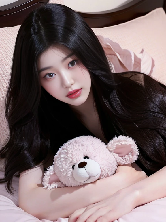 Close-up of a woman lying on a bed with a purple-eyed teddy bear, korean girl, beautiful south korean woman, gorgeous young korean woman, beautiful young korean woman, korean woman, beautiful Asian girl, jaeyeon nam, young and adorable korean face, Young cute pale asian face, jinyoung shin, Asian girl, heonhwa choe, pale korean adorable face