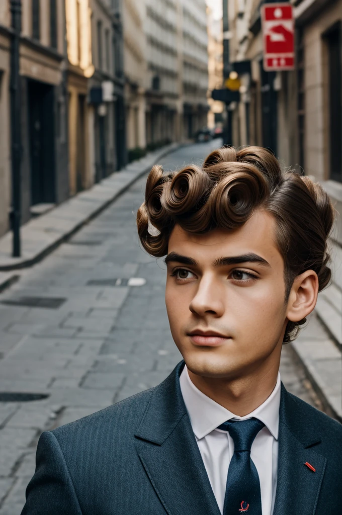 boy with curlers, elegant in suit, background of a street, well detailed, 8k 