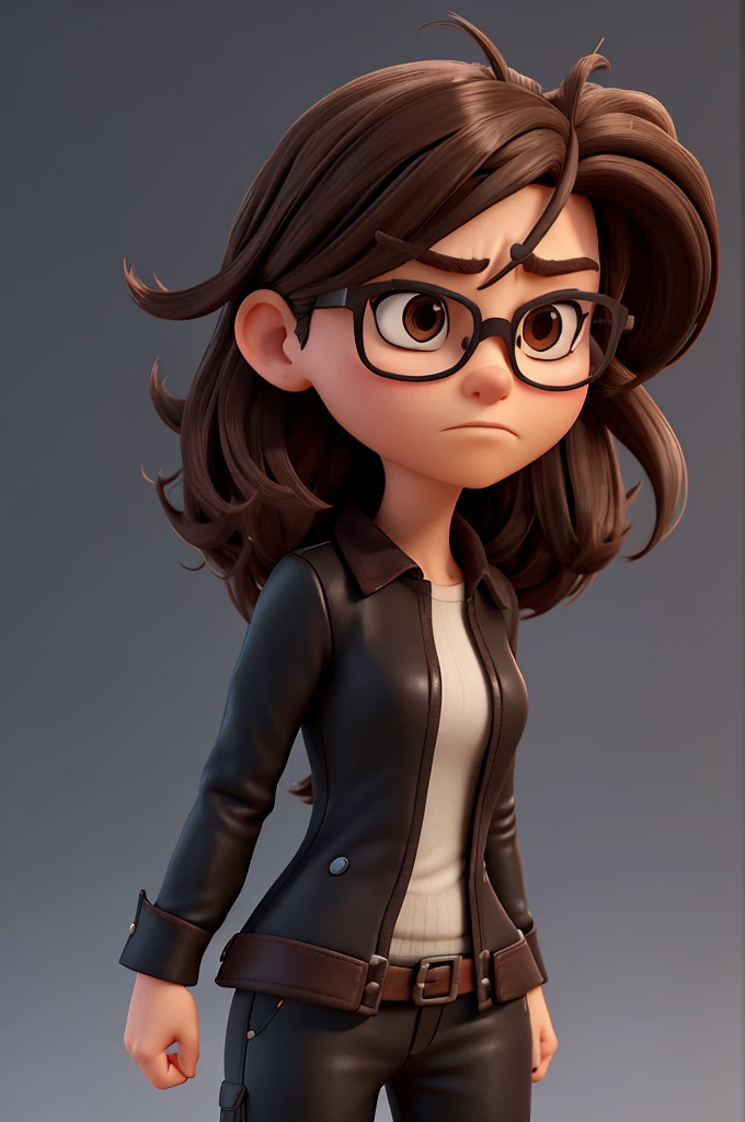 Create a 3D character model of a woman embodying intense anger. She has long-length brown hair and piercing brown eyes. Her attire consists of sleek black clothing, accentuated by a pair of square-shaped glasses that add a touch of intellectual intensity to her furious expression. The character's posture should convey a sense of readiness for action, with clenched fists and a furrowed brow suggesting both determination and simmering rage. This character is poised for a pivotal moment in a narrative where her anger drives the plot forward, revealing layers of her personality and motivations through her dynamic 3D portrayal.