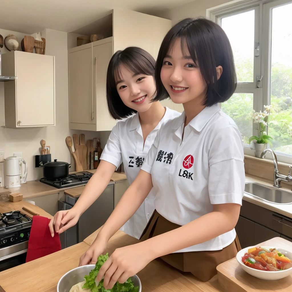 ((Highest quality, 8K, Masterpiece:1.3)), Young men and women, A confident smile, In a home kitchen with large windows, enjoy, Cooking Japanese food, Smiling child, talk, Using the peace sign, Short black hair, Brown eyes, Brown Skin, student, Wear a shirt and skirt, indoor, Highly detailed face and skin texture, The fingers are very detailed