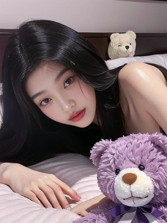 Close-up of a woman lying on a bed with a purple-eyed teddy bear, korean girl, beautiful south korean woman, gorgeous young korean woman, beautiful young korean woman, korean woman, beautiful Asian girl, jaeyeon nam, young and adorable korean face, Young cute pale asian face, jinyoung shin, Asian girl, heonhwa choe, pale korean adorable face