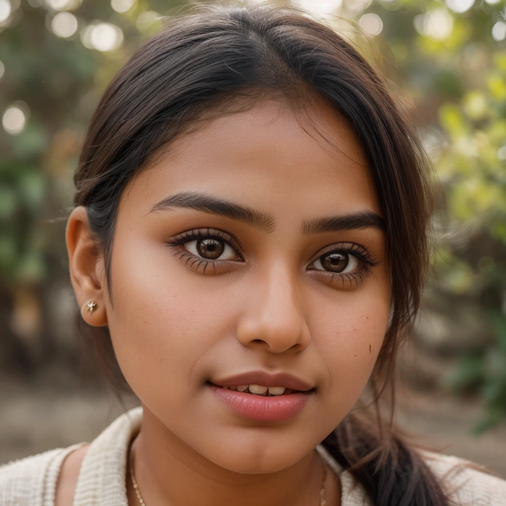 "Capture a close-up shot of a Indian girl with even, natural lighting. Ensure her face fills most of the frame, highlighting her features and expressions. Use a soft background blur to keep the focus on her face. Position the light source at a slight angle to create a flattering effect, accentuating her natural beauty. Aim for a relaxed and genuine expression to convey authenticity and warmth."