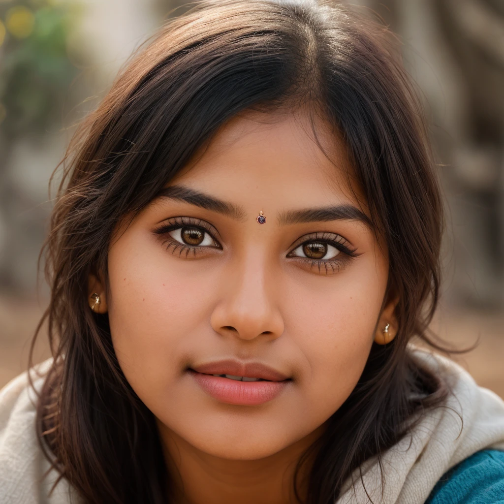 "Capture a close-up shot of a Indian girl with even, natural lighting. Ensure her face fills most of the frame, highlighting her features and expressions. Use a soft background blur to keep the focus on her face. Position the light source at a slight angle to create a flattering effect, accentuating her natural beauty. Aim for a relaxed and genuine expression to convey authenticity and warmth."