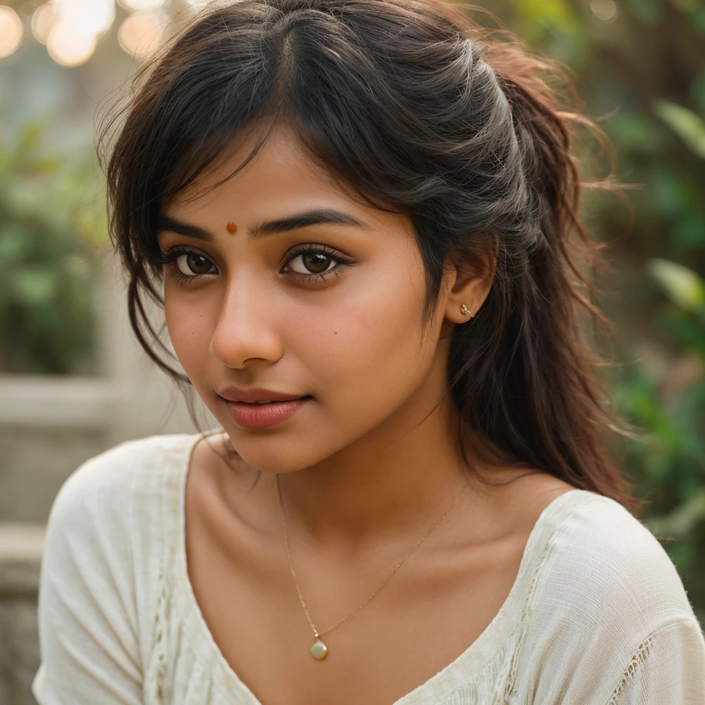 "Capture a close-up shot of a Indian girl with even, natural lighting. Ensure her face fills most of the frame, highlighting her features and expressions. Use a soft background blur to keep the focus on her face. Position the light source at a slight angle to create a flattering effect, accentuating her natural beauty. Aim for a relaxed and genuine expression to convey authenticity and warmth."