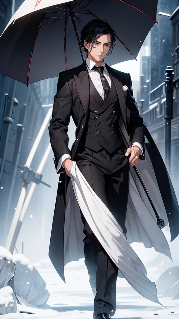 A beautiful young man, hair black as night, grey eyes, Snow white skin, The figure is standing, with the body slightly turned to the left. Your head is covered by a digital lock to preserve privacy. In his right hand he holds a top hat at chest height., while the left arm extends downward and appears to hold the upper end of a cane or umbrella. The long black coat he wears has a double breasted, with large, visible buttons on the front. under the coat, You can see that it appears to be a dark tie on a white shirt. The vest is decorated with a fine chain, which could be part of a pocket watch, his serious and somber look.