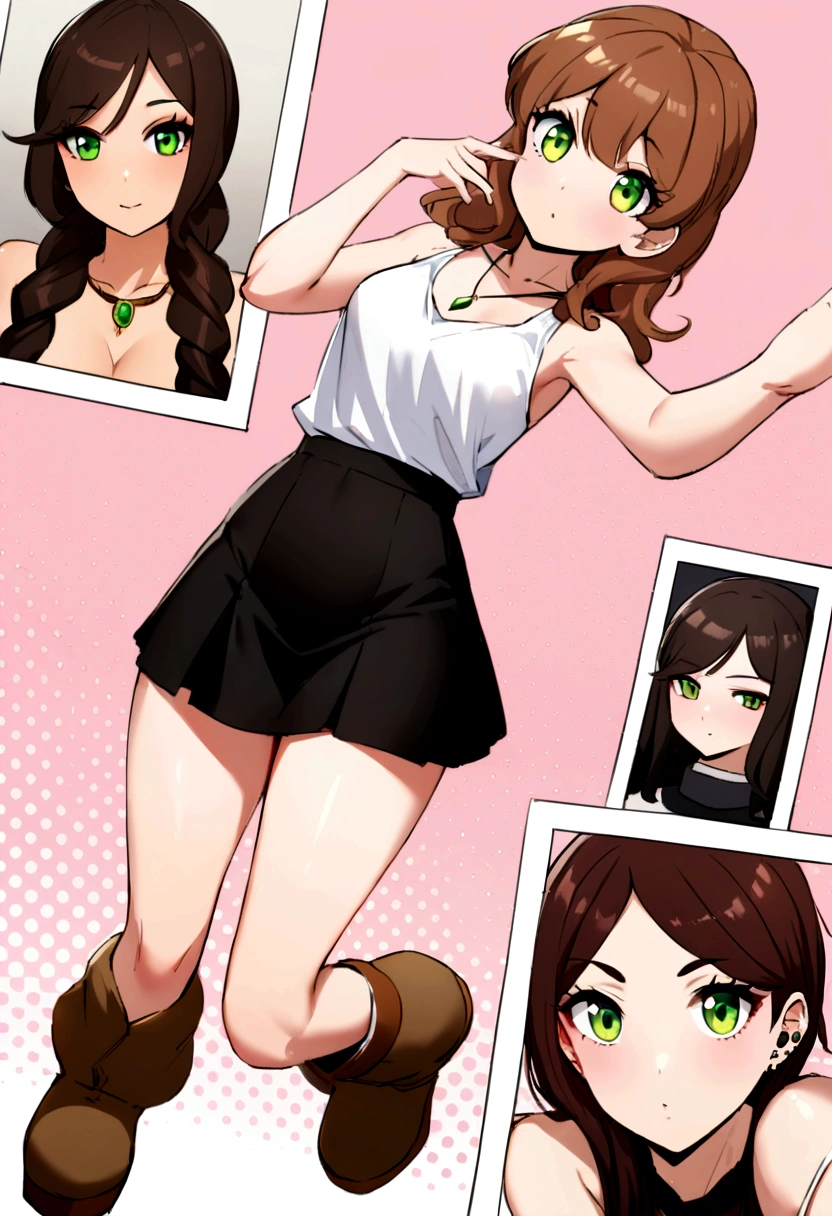Character-Design-sheet: different poses, turnaround Draw a picture of a 24 year old woman, 165 cm tall, schlank, sportlich, rotes Haar, lockiges Haar, green eyes, Stelle sie als eine lebensfrohe, junge Frau dar, whose facial expression reflects happiness and relief, different poses from different directions She has red curly hair and green eyes, and embodies a mixture of chaotic, neugierigen, happy and inexperienced traits. Highlight her red curls and green eyes, ihre Neugier, her open-minded nature and her inner strength