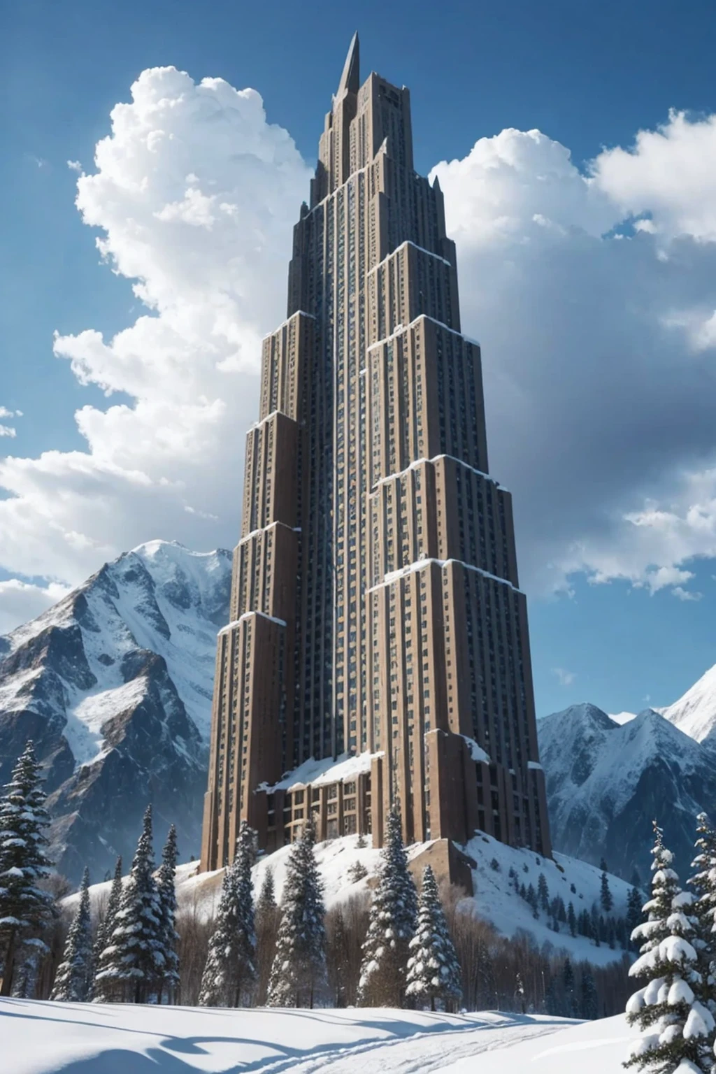 stone skyscraper built into a snowy mountain
