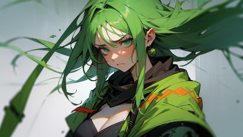 female druid, tez morena, messy green hair and sad look 
