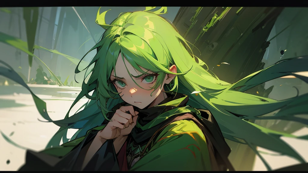 female druid, tez morena, messy green hair and sad look