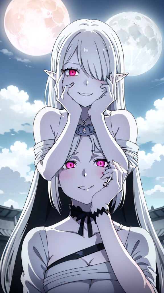 (1girl,20s,mature female),solo,white hair,long hair,(((white skin,colored skin))),elf ears,(((hair over one eye)))(night,moon),((wrapped_chest)),upper body,pink glowing eyes,(angry,smile,yandere,yandere trance),hands on own face,hands on own cheeks