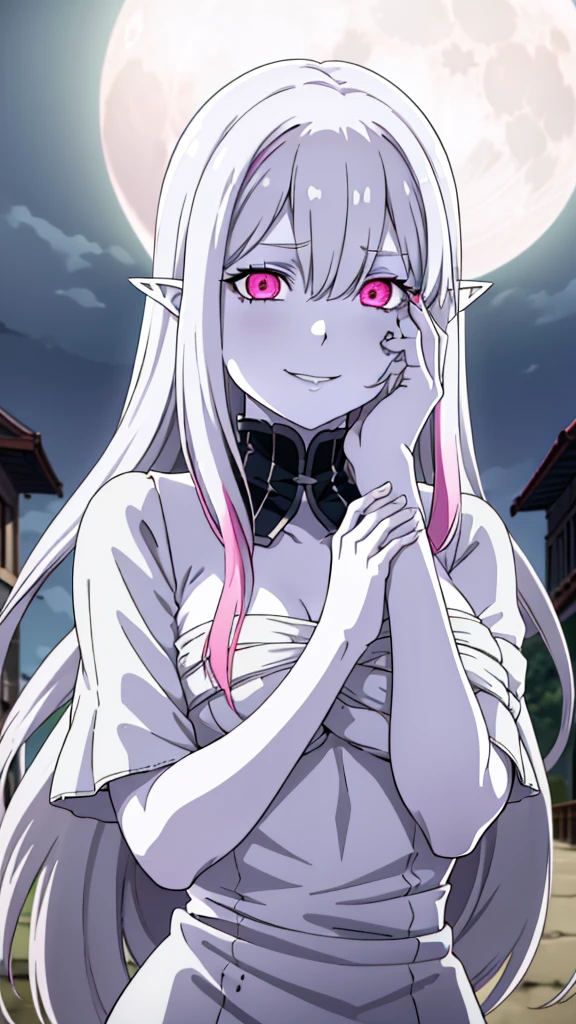 (1girl,20s,mature female),solo,white hair,long hair,(((white skin,colored skin))),elf ears,(((hair over one eye)))(night,moon),((wrapped_chest)),upper body,pink glowing eyes,(angry,smile,yandere,yandere trance),hands on own face,hands on own cheeks